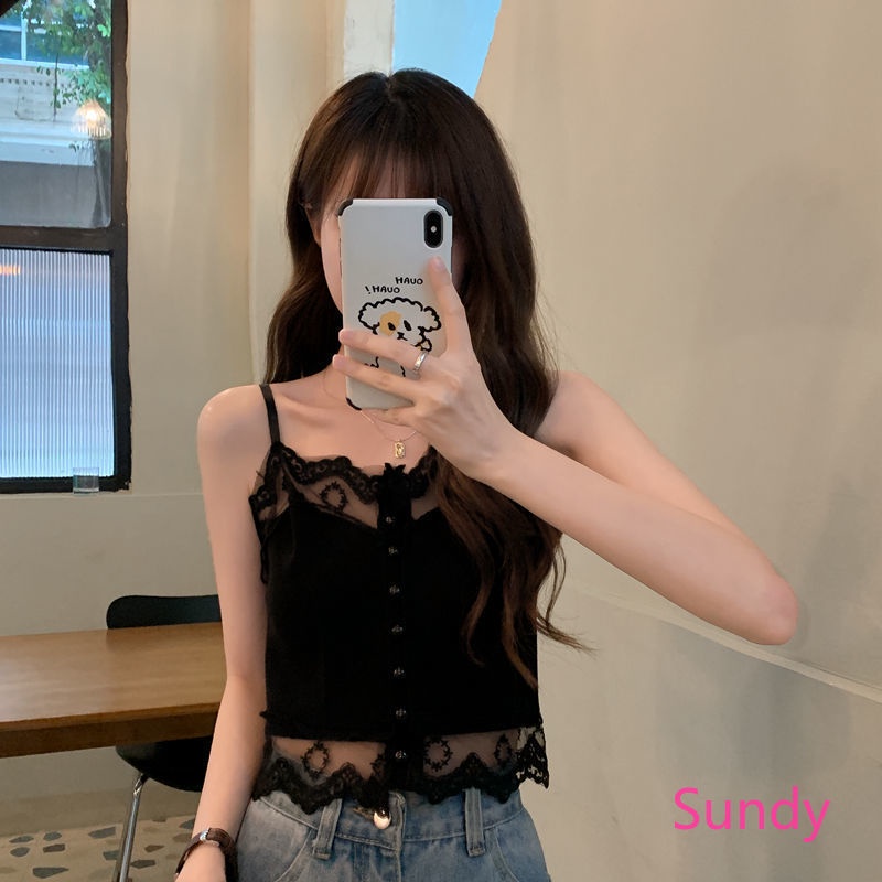 Áo Hai Dây Dệt Kim Phối Ren Thời Trang Mùa Hè Quyến Rũ Cho Nữ