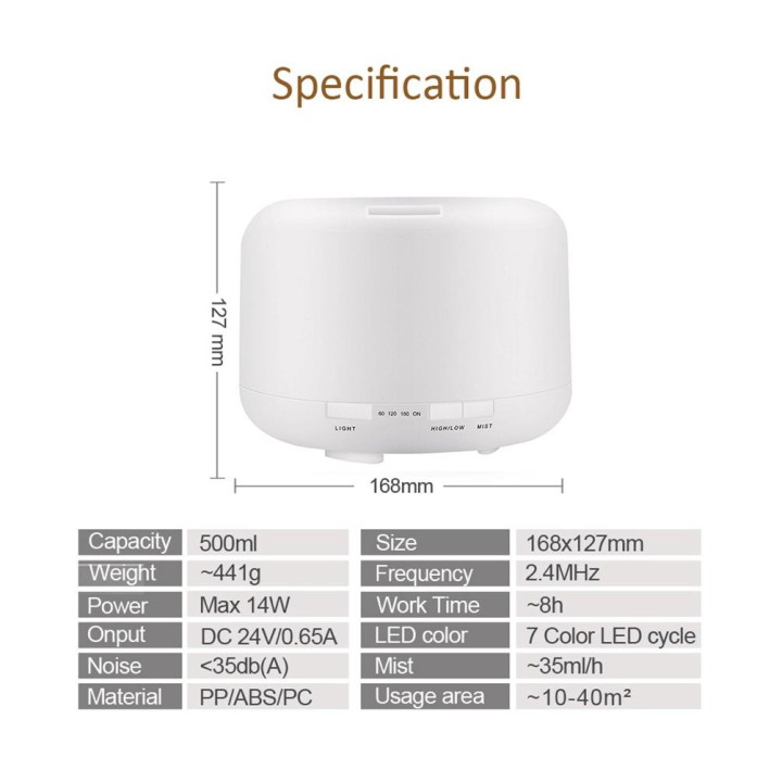 (A06-500ml) Máy khuếch tán tinh dầu Aroma – Kiểu dáng Ống trụ tròn trắng – Chế độ Led 7 màu – Bảo hành 1 năm