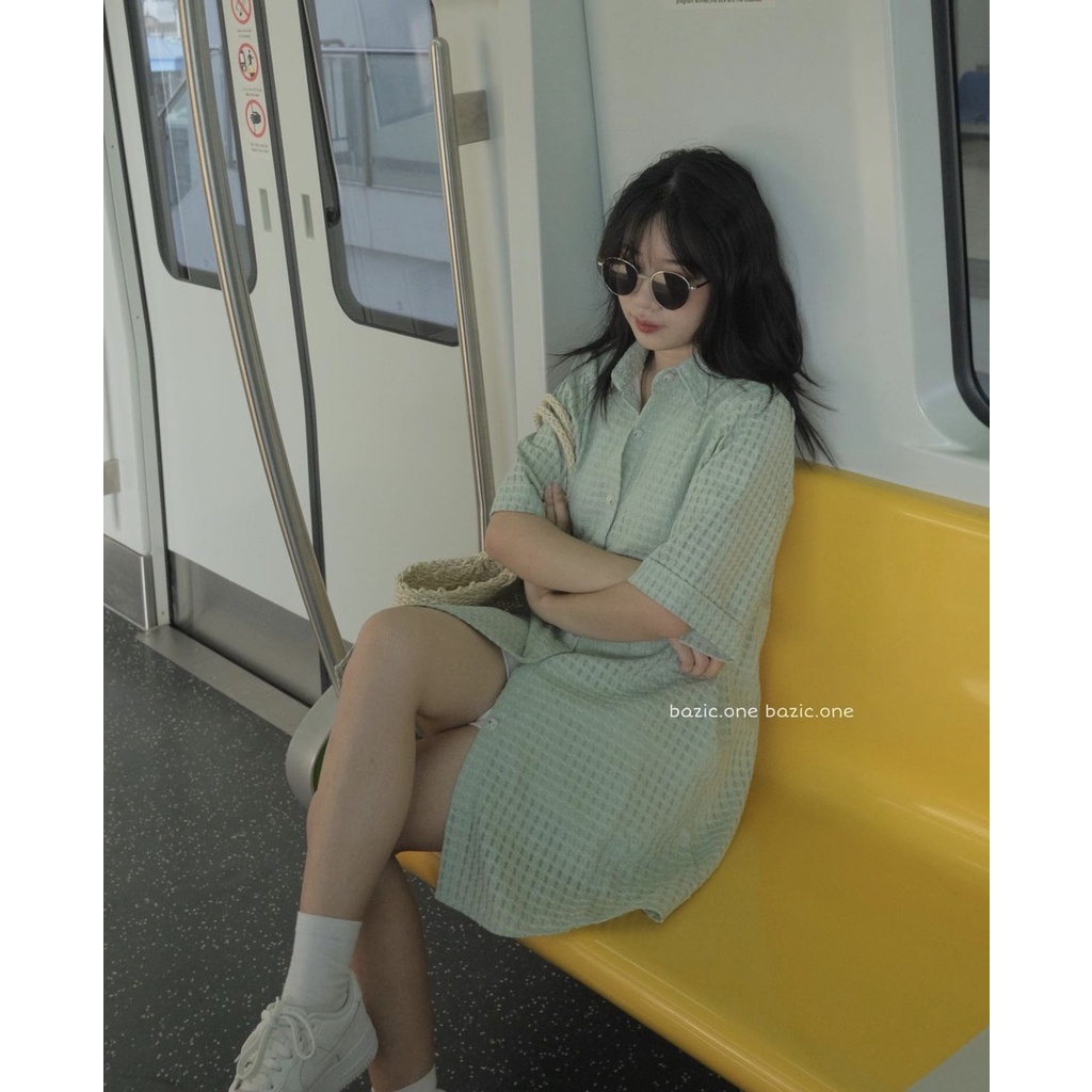 Váy Sơ Mi Họa Tiết Kẻ Ô Vạt Sóng Hàn Quốc