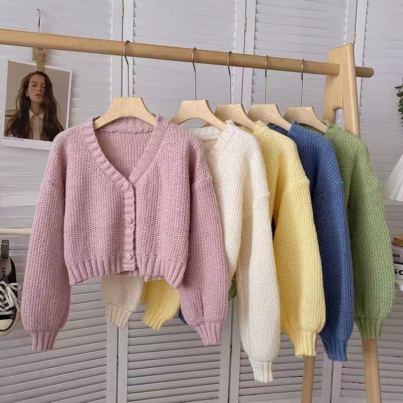 Áo Khoác Cardigan Dệt Kim Tay Dài Cổ Chữ V Màu Sắc Ngọt Ngào Thời Trang Thu Đông Cho Nữ