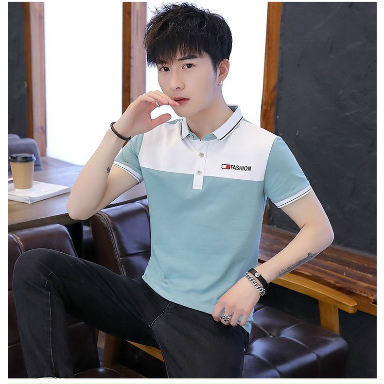 Áo thun nam có cổ tay ngắn xanh trắng đẹp vải cotton mềm mát giá rẻ cạnh tranh