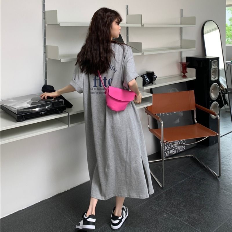 Đầm Dài Dáng Rộng Xẻ Tà Tay Ngắn Vải Cotton Màu Đen Phong Cách Hàn Quốc Thời Trang Cho Nữ