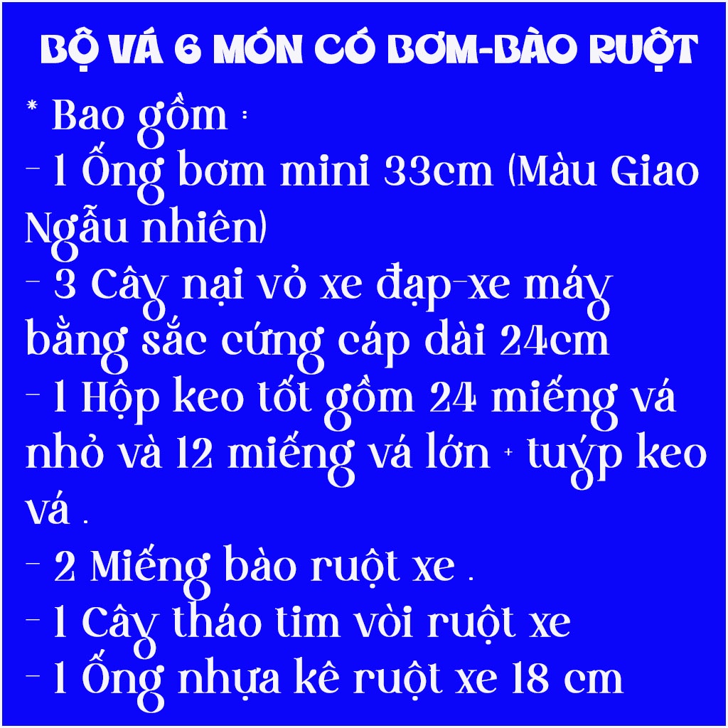 Bộ Vá Xe Máy Xe Đạp 6 Món Có Bơm (2 Miếng Bào) Đa Năng Dùng Vá Xe Khi Bị Lủng Lốp (model 2022)