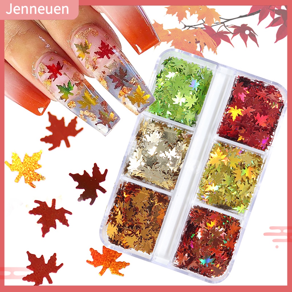 Jen 1 Hộp Sequin Lấp Lánh Hình Lá Phong 6 Ngăn Không Phai Màu Sắc Sống Động Sáng Tạo Trang Trí Móng Tay Nghệ Thuật Cho Salon