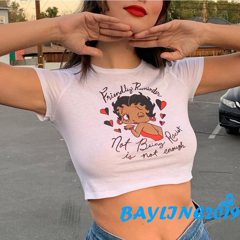 Áo Croptop Tay Ngắn Cổ Tròn In Họa Tiết Hoạt Hình Dành Cho Nữ