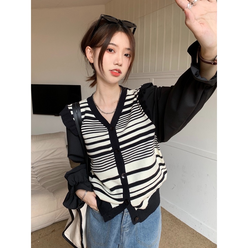 ZHELIHANGFEI Áo Khoác Cardigan Dệt Kim Tay Phồng Dáng Rộng Họa Tiết Kẻ Sọc Ngọt Ngào Dễ Phối Đồ