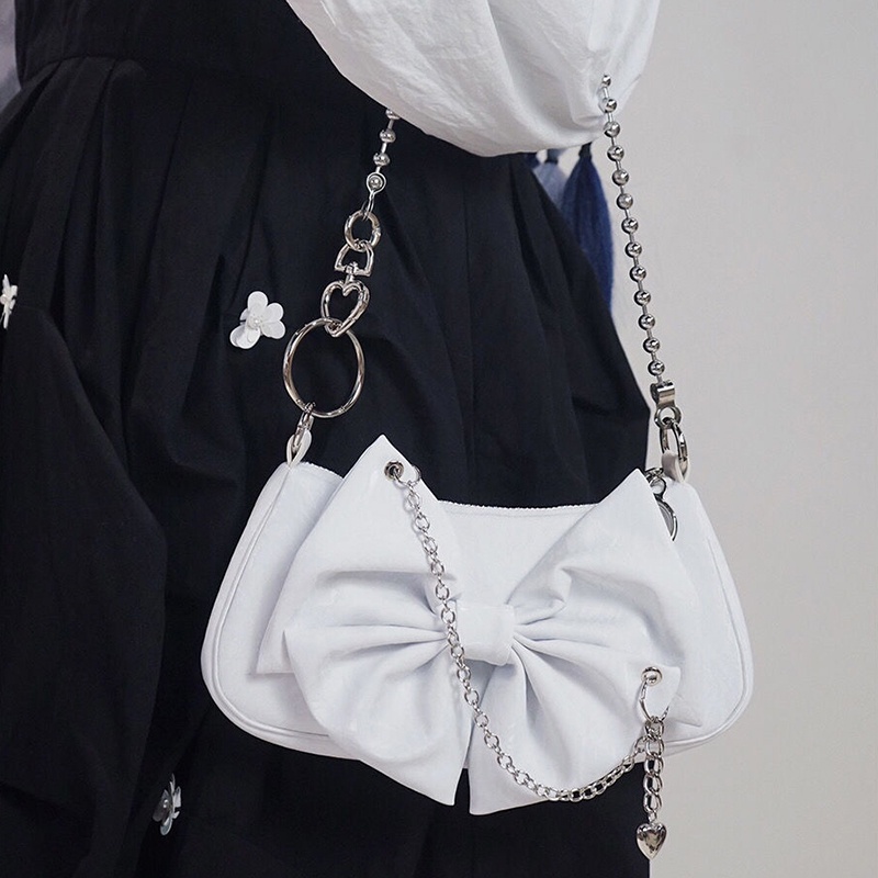 IELGY Túi đeo dưới cánh tay đính nơ phối chuỗi dây xích thời trang dành cho phái nữ