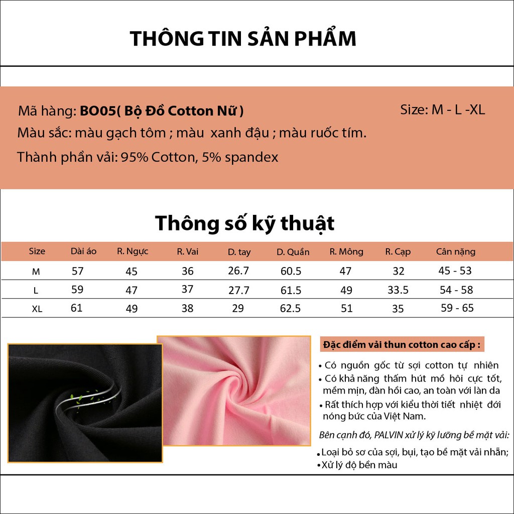 Bộ cotton mặc nhà PALVIN, đồ bộ nữ cao cấp hàng hiệu - H2BDO05