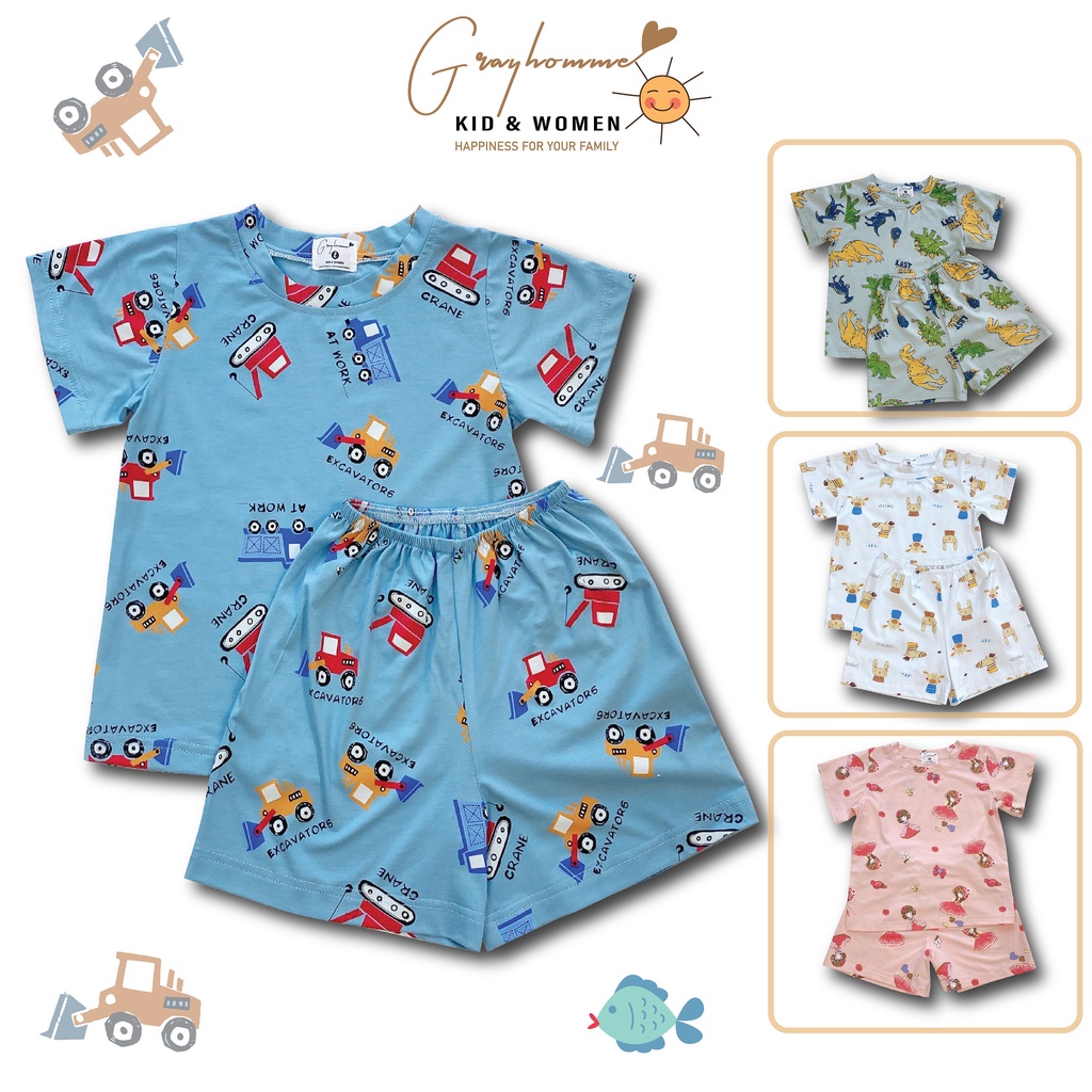 Bộ Quần Áo Bé Gái, Bé Trai GRAYHOMME Vải Cotton Họa Tiết Dễ Thương - BN012