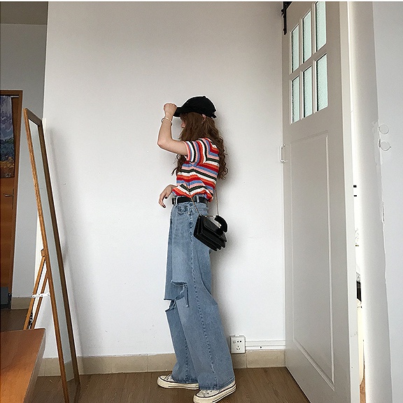 Quần jean rách SUXI ống rộng lưng cao màu trơn phong cách Hàn Quốc dành cho nữ