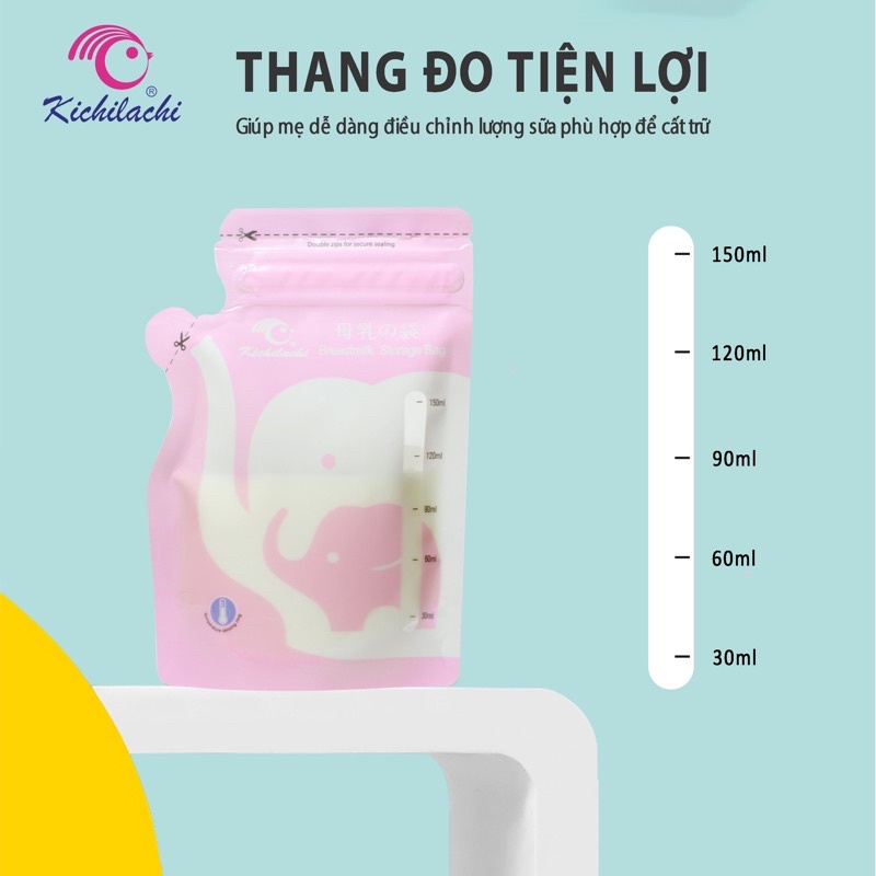 Túi trữ sữa 150ml Kichilachi - M6150 cảm biến nhiệt có khóa zip hình con voi [30 Túi/Hộp]-SHOP MẸ KHOAI