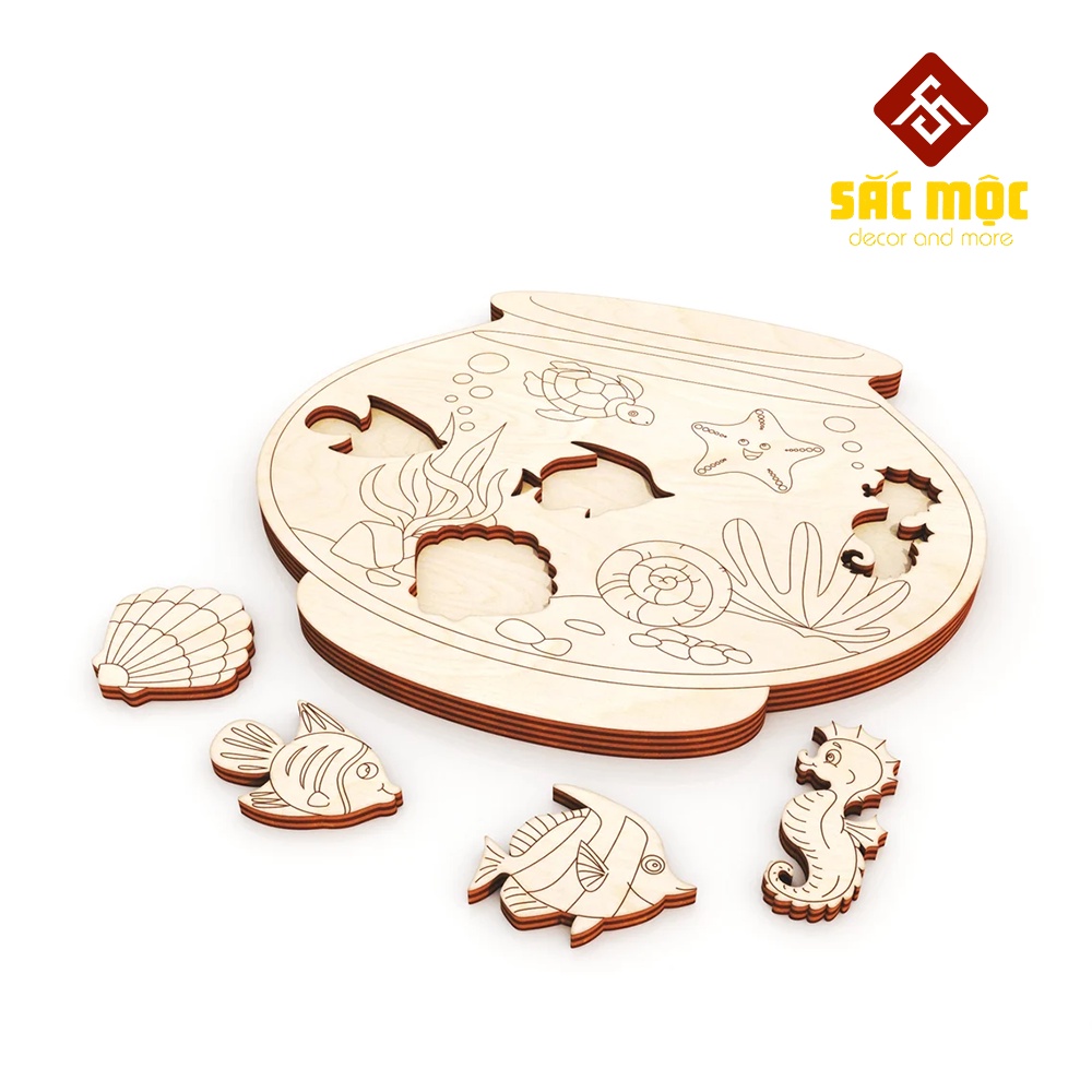 Bảng Ghép Hình #53 Các Loài Động Vật Biển Cho Bé 1 2 3 Tuổi Bằng Gỗ | Bảng Ghép Hình Tô Màu Size 200*190 *6 mm