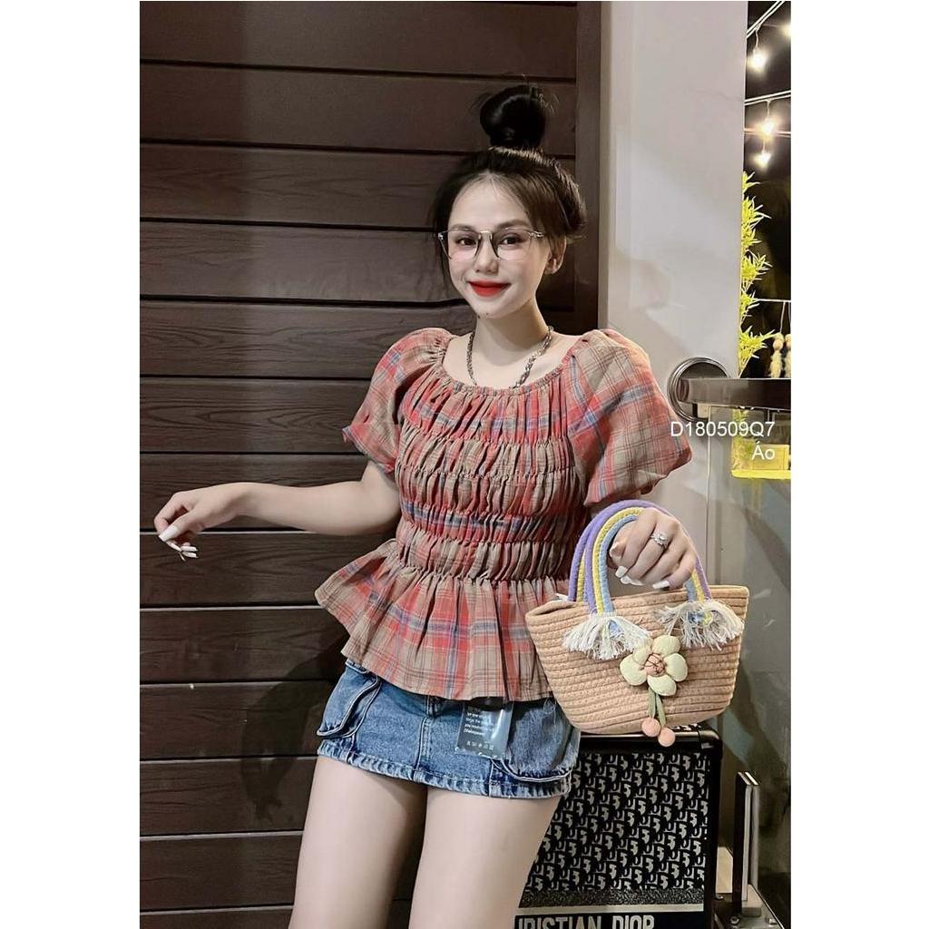 Áo kiểu peplum kẻ caro nhún thân trên thắt dây nơ lưng tay bồng!