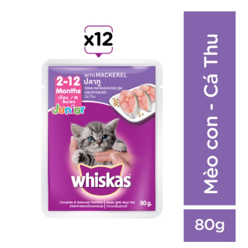 WHISKAS - Thức ăn cho mèo con dạng sốt vị cá thu 80g (12 gói)