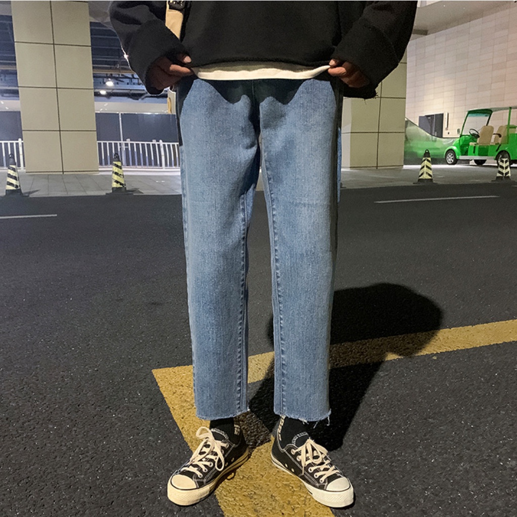 (Xả kho mùa dịch) Quần baggy jeans nam ống đứng cut gấu co giãn màu xanh trơn phong cách Hàn Quốc dễ phối đồ