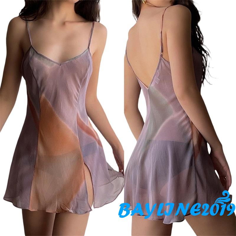 Đầm Hai Dây Cổ Chữ V Hở Lưng Phối Lưới Màu Nhuộm Độc Đáo Thời Trang Cho Nữ