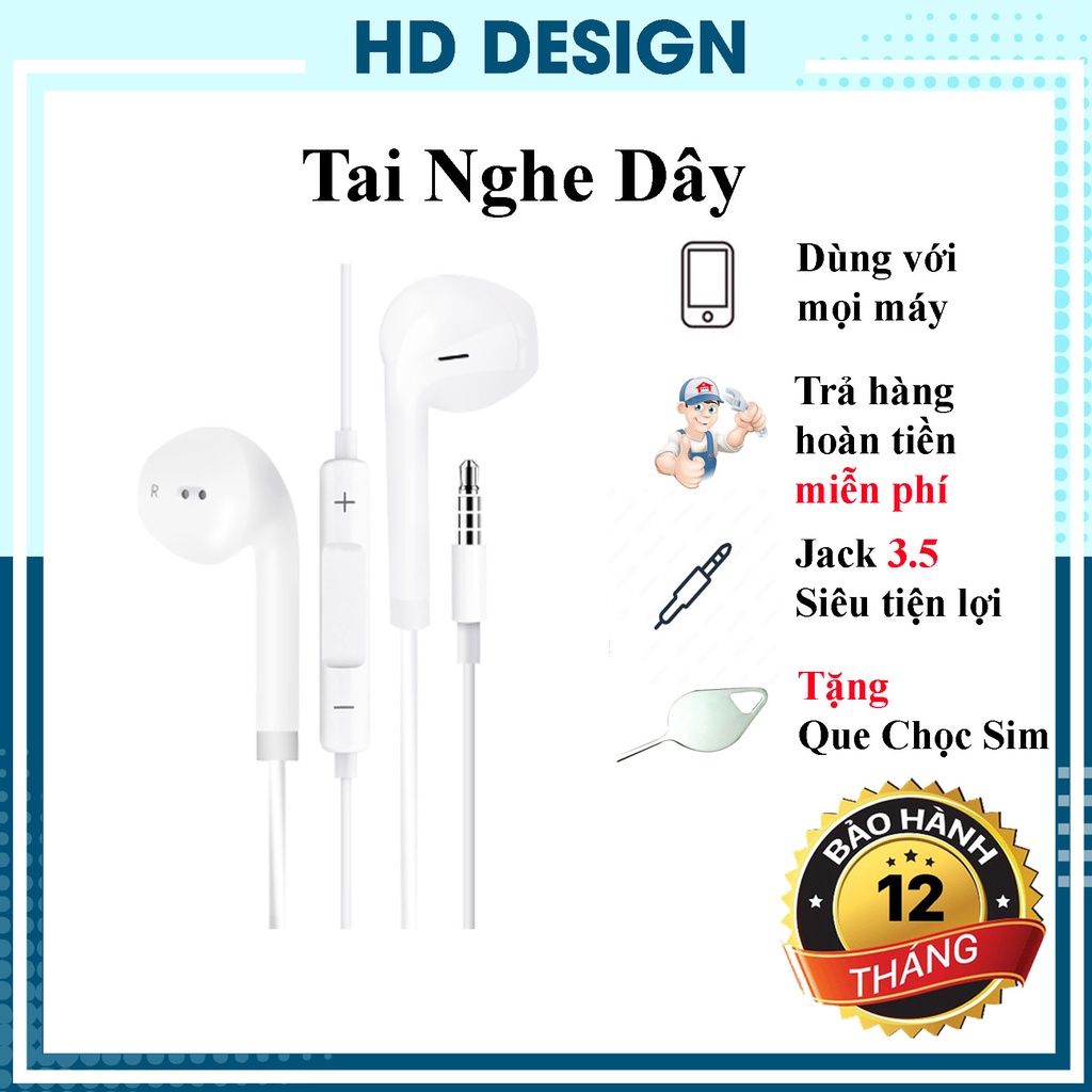 Tai Nghe Dây Jack 3.5mm, Tai Nghe Nhét Tai Âm Cực Hay -Cho iPhone/ iPad/Điện Thoại Android-Điều Chỉnh Âm Lượng-Đàm Thoại