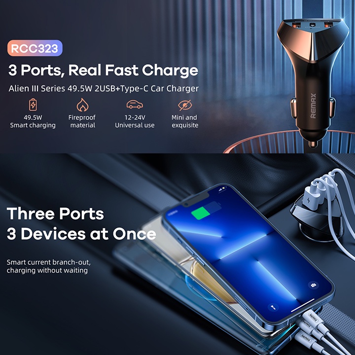CHÍNH HÃNG  Cốc sạc nhanh xe hơi Remax RCC 323 / 322 Alien III Series 3 2 cổng USB 1 cổng USB Type C max 49.5W