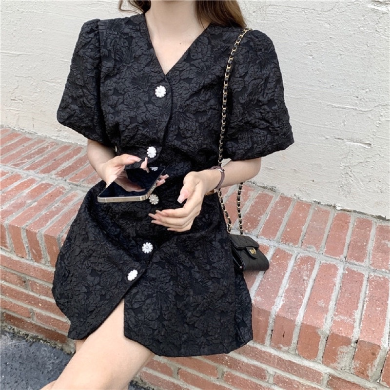 Aome - Váy gấm in hoa cut out lưng sau 3 màu