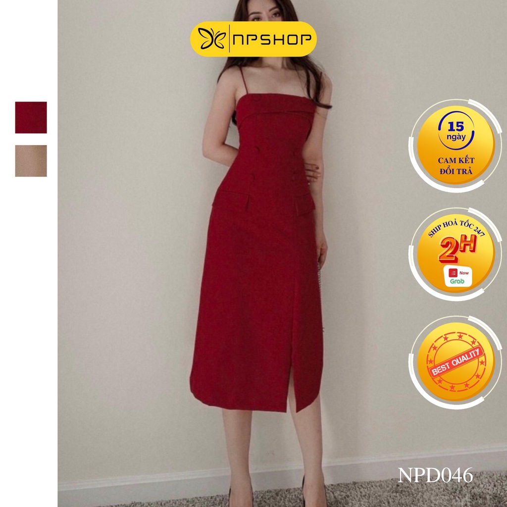 Đầm 2 dây nút dáng dài midi 2 màu đỏ, nude NPD046