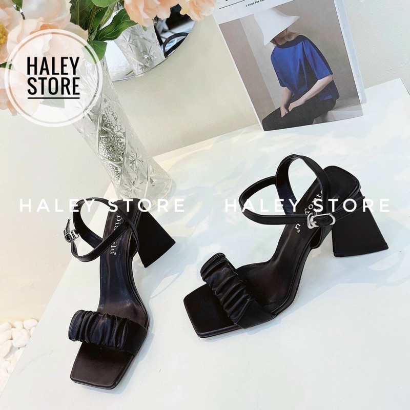 Giày sandal nữ HALEY STORE quai ngang nhún nhúm bèo gót tam giác thời trang rẻ bền đẹp phong cách tiểu thư sang trọng