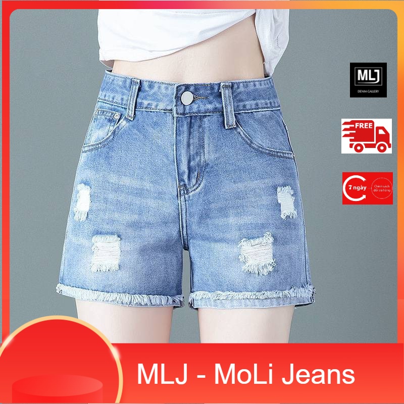 Quần short jeans đùi nữ BigSize màu xanh nhạt rách kiểu, lưng cao, co dãn mạnh 4279 MLJ