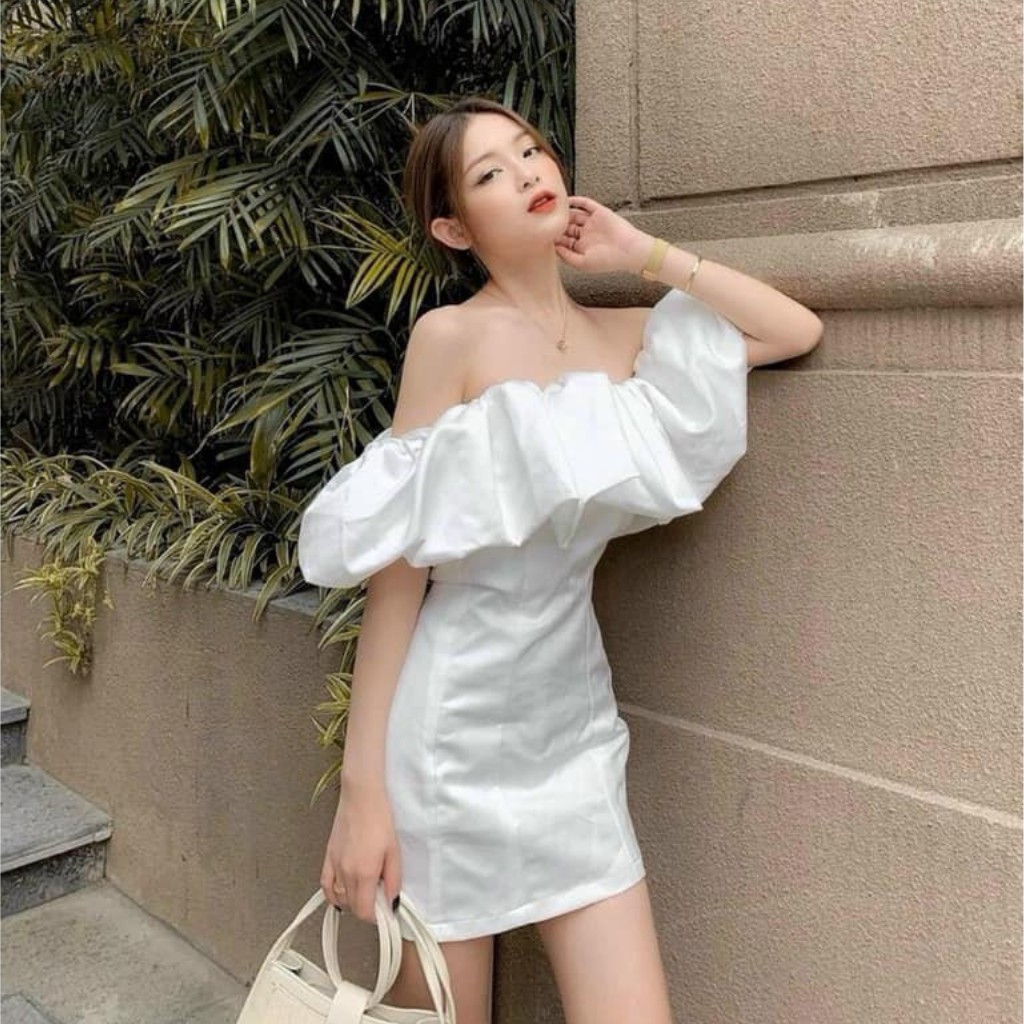 Đầm body trễ vai trắng bèo nhún GenY đầm trễ vai nữ tay phồng dáng ôm dự tiệc sexy chất đũi lụa mềm mát | BigBuy360 - bigbuy360.vn