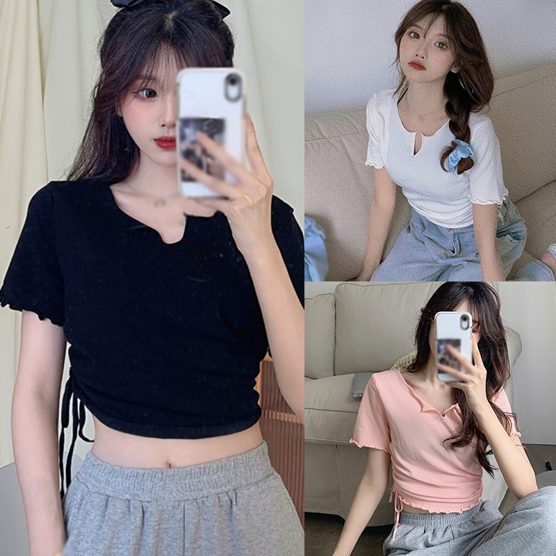 Áo Thun Tay Ngắn Dáng Ôm Phối Dây Rút Cá Tính Trẻ Trung Hợp Thời Trang