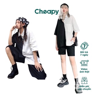 Áo sơ mi cộc tay nam nữ phối đen trắng basic Cheapy phom rộng over size cá tính học sinh hàn quốc C826