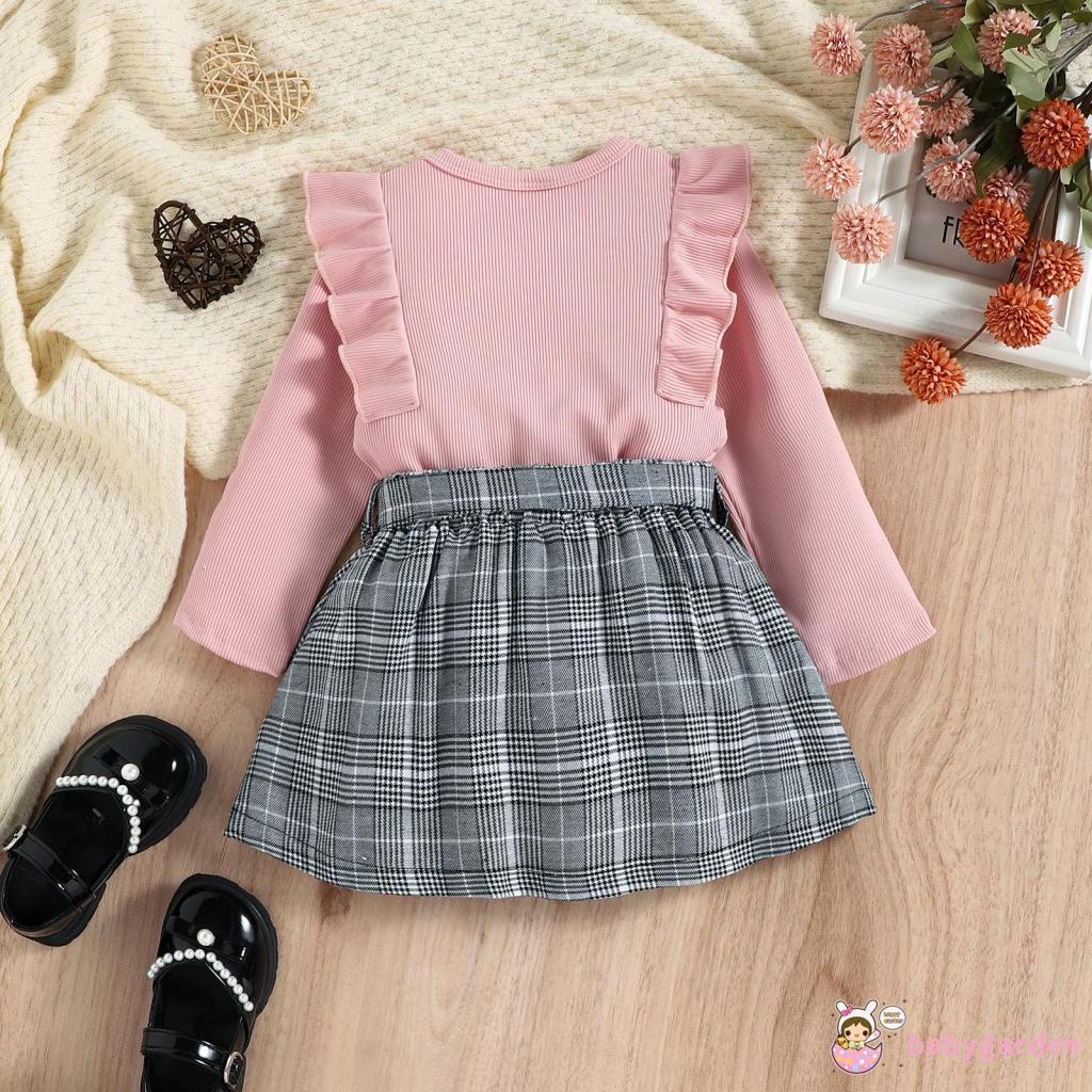 Set Đồ Mùa Thu 2 Món Gồm Áo Thun Tay Dài Có Gân Màu Trơn + Chân Váy Caro Kèm Thắt Lưng Cho Bé Gái 6 Tháng Tuổi
