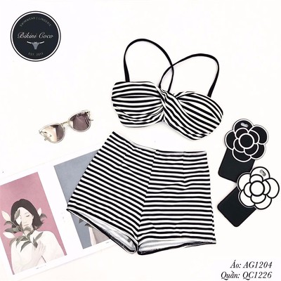 Bikini 2 mảnh áo gọng quần đùi sọc đen trắng