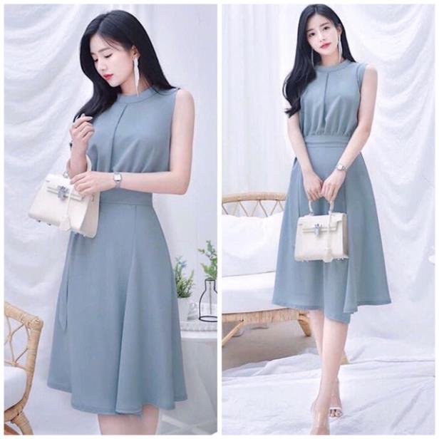 X2 Đầm dự tiệc xám xanh thắt eo sát cánh váy dáng xòe công sở cổ tròn dây thắt nơ (kèm hình thật) tasa