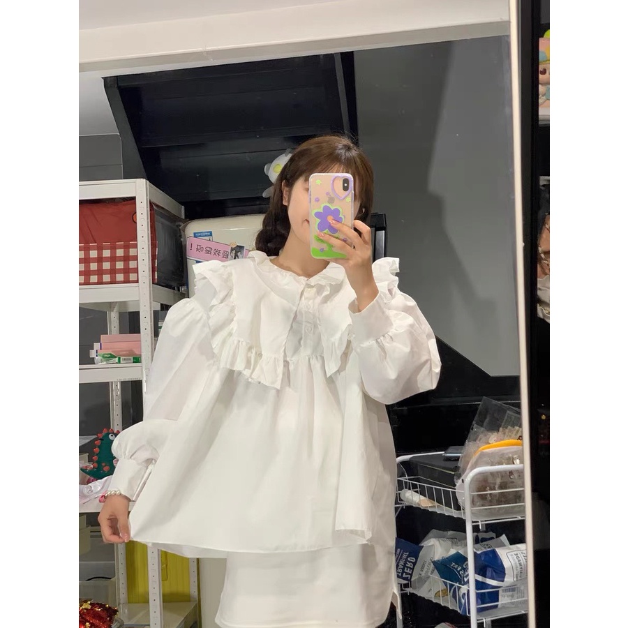 Áo sơ mi trắng form rộng babydoll cổ bèo tay phồng kiểu Hàn Quốc, babydoll trắng phối bèo tay phồng dễ thương