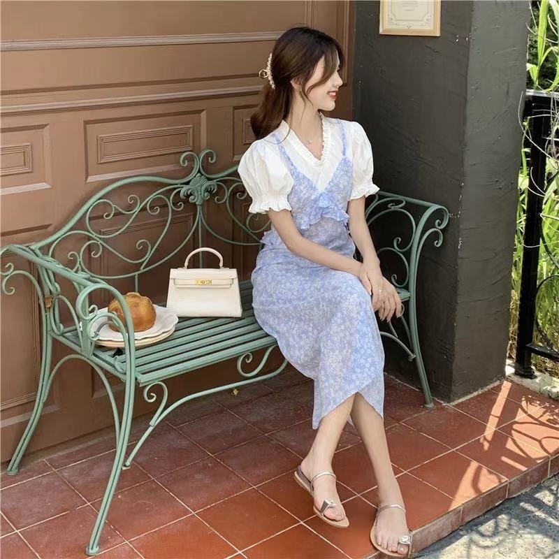 Đầm Giả Hai Mảnh Cổ Chữ V Thiết Kế Mỏng Nhẹ Ngọt Ngào Phong Cách Pháp Mới Cho Nữ