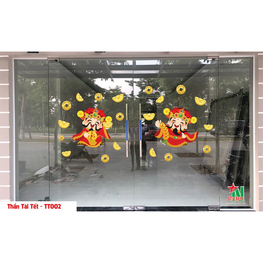 Thần tài chúc tết, decal trang trí tết, tết thuần việt, thần tài 2022, tiền vàng tết dùng để trang trí cửa hàng, công ty