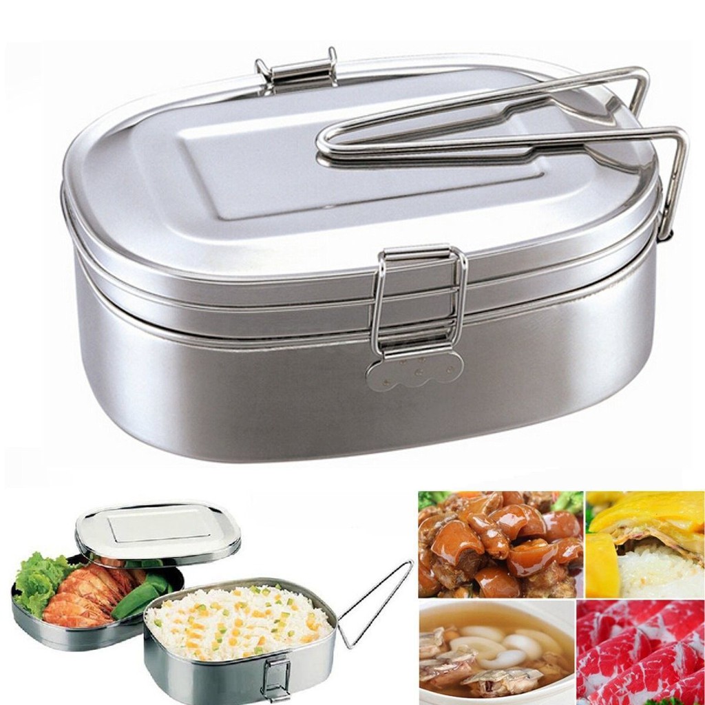 Hộp Cơm Trưa 2 Tầng Hình Bầu Dục Chất Liệu Thép Không Gỉ