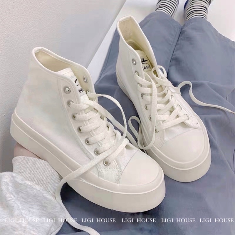 Giày cổ cao classic màu trắng, Giày sneaker nữ cổ cao phong cách ulzzang đế 4P