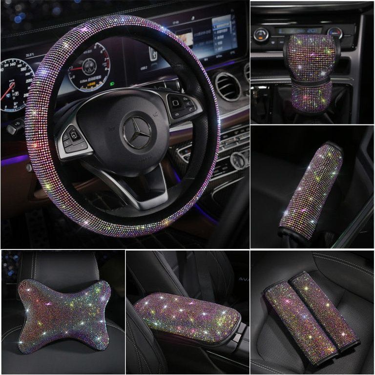 【Ready Stock】 Car Bling Diamonds Handbrake Cover Gear Cover Seatbelt Cover Shoulder Pads Headrest Pillows YrX0