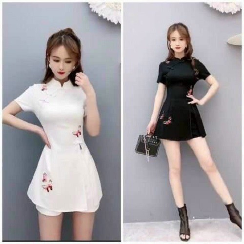 Set đùi cổ tàu nút mây áo có khóa kéo hai màu trắng và đen
