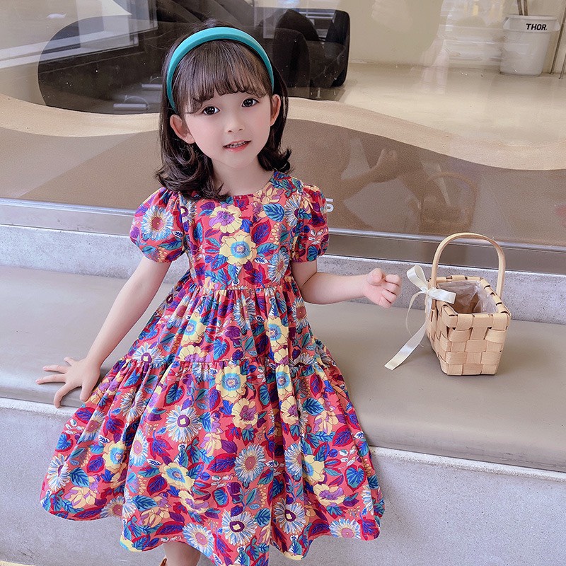 Váy bé gái có tay, hoạ tiết hoa to, dáng babydoll , thoáng mát, thấm hút mồ hôi tốt- M0051