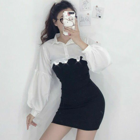 Sét áo sơ mi croptop bèo và đầm body Cao Cấp