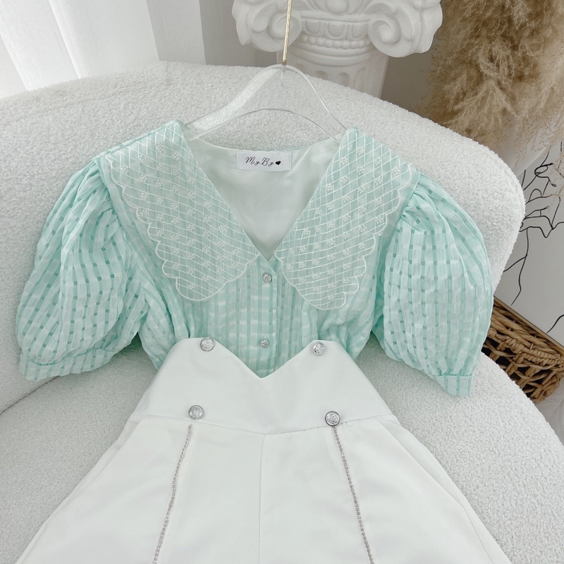 SET ÁO Ô NHÍ XANH CỔ REN + QUẦN SHORT TRẮNG