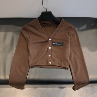 Áo Thun Croptop Tay Dài ( Trắng/Choco)