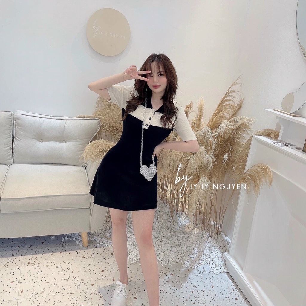 Đầm váy nữa có giãn phối màu cực xinh lên fom dáng chuẩn họa tiết đáng cúc áo cổ somi thích hợp đi chơi