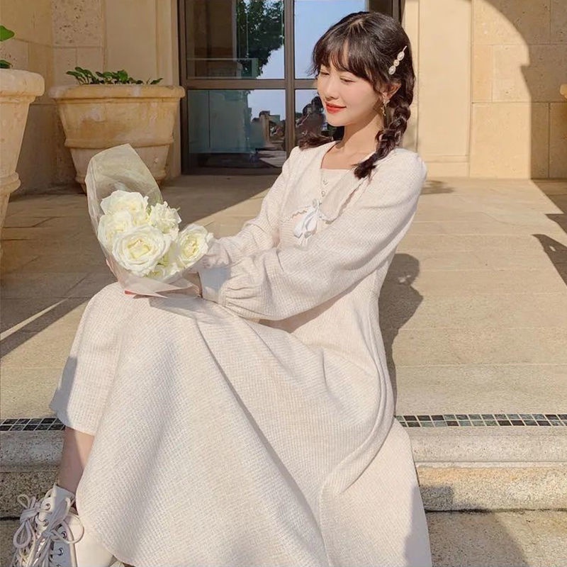 Đầm Trắng Dài Tay Chiết Eo Phong Cách Retro Pháp Thanh Lịch Cho Nữ