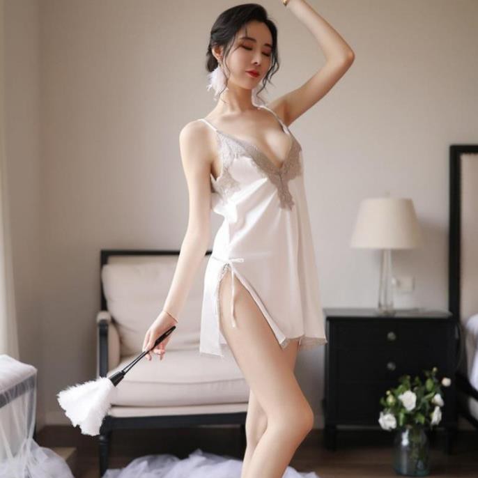 Váy ngủ lụa ren ngực sexy đầm ngủ hai dây xẻ tà hàng nhập cao cấp màu trắng  ྇