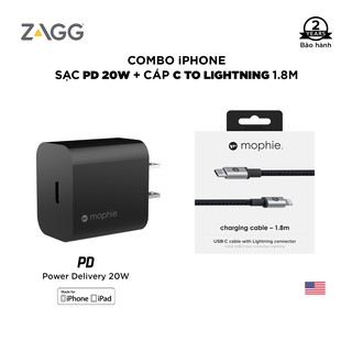Combo Sạc nhanh Mophie Power Delivery 20W 1 USB-C-Cáp USB-C to Lightning mophie