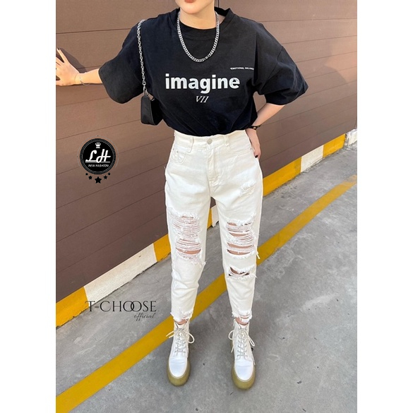Quần baggy nữ, quần baggy bò trắng rách 2 bên tua rua siêu cá tính cho nàng Lê Huy Fashion MS 244