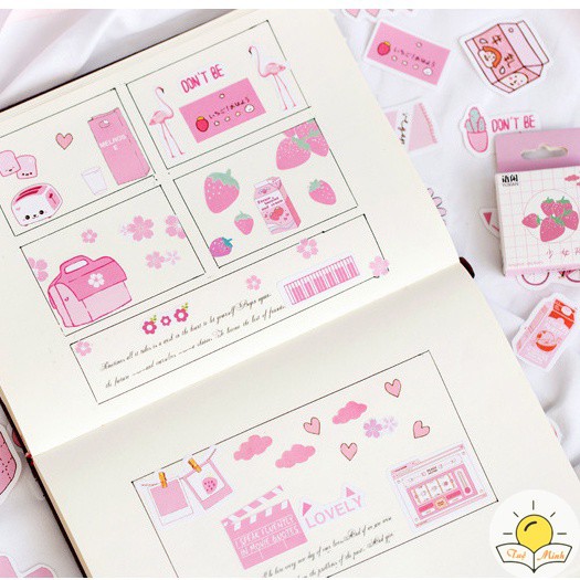 Hộp 50 chiếc sticker các chủ đề đồ ăn thức uống mùa hè đi biển nhiều màu trang trí sổ bullet journal, decor thư thiệp