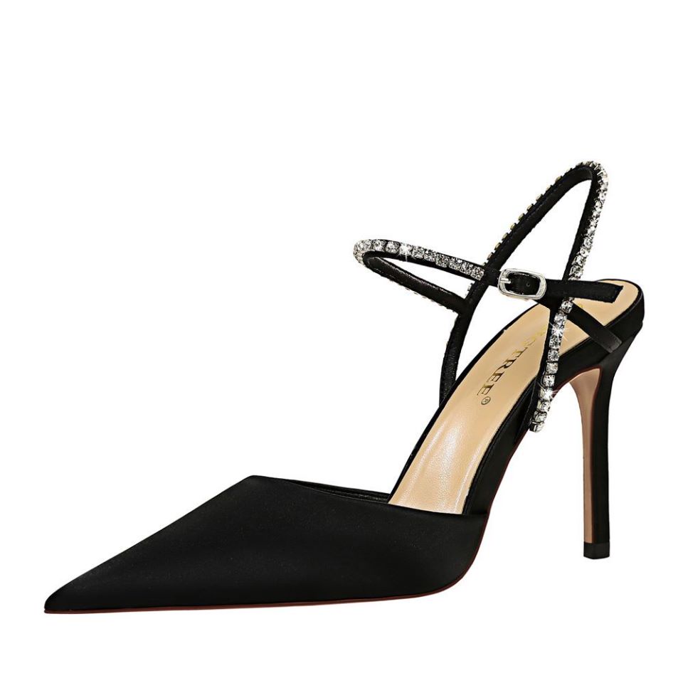 Giày cao gót BIGTREE 221-1 9.5cm bằng satin đính đá thời trang dành cho nữ